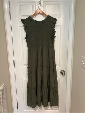 Nanette Lepore Olive Green Ruffle Tiered Maxi Dress
